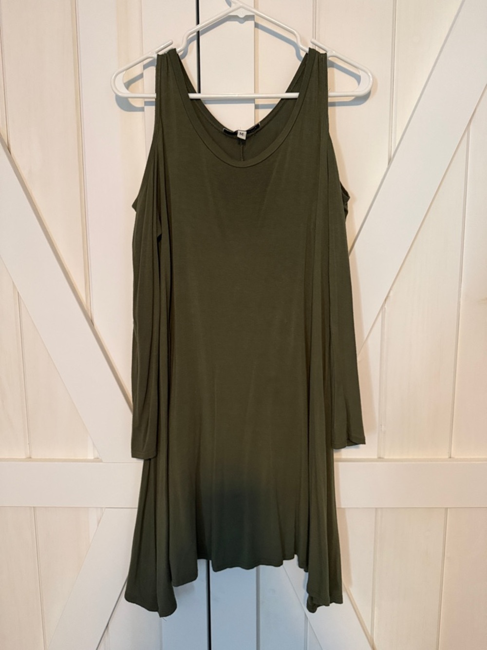 The Vanity Room Olive Cold-Shoulder Swing Dress